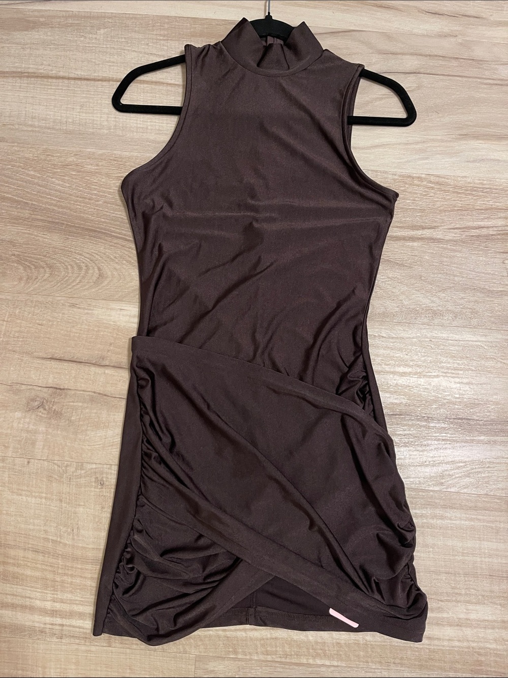 Mock Neck Brown Ruched Mini Dress